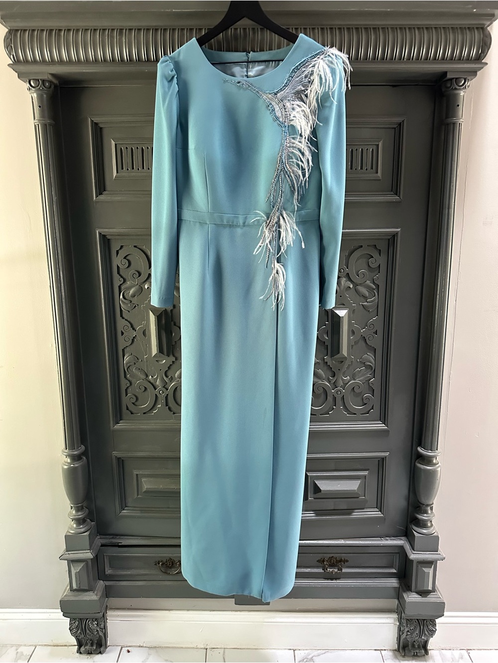 Papilio Teal Feather Beaded Evening Gown Maxi Dress Size 46 (Canadian)